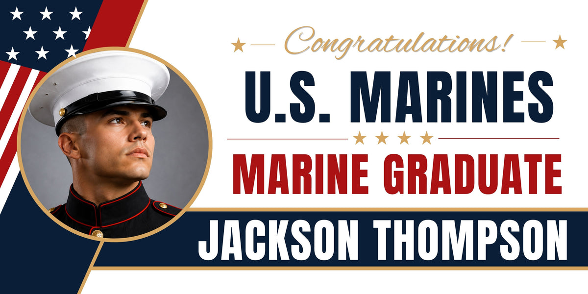 U.S. Marine graduation banner template with a military-themed design