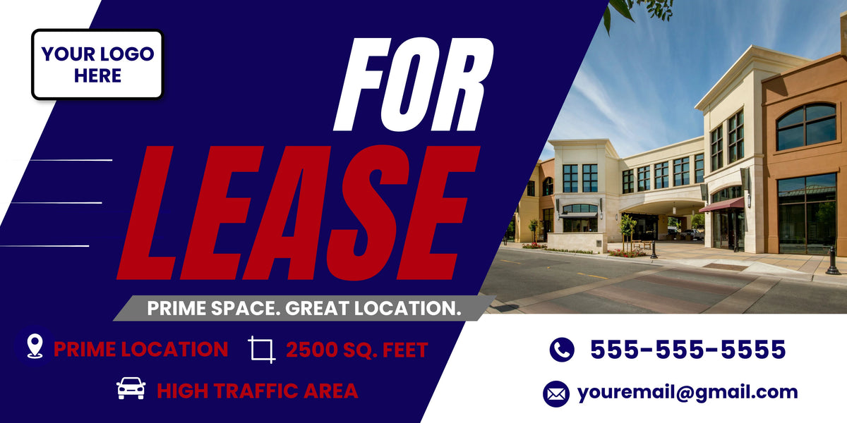 A real estate 'For Lease' promotional graphic with large red and white text on a dark blue and white background, plus a photo of a modern shopping center on the right. Placeholder text includes 'Your Logo Here,' phone number, email, and property details like 'Prime Location,' '2500 Sq.