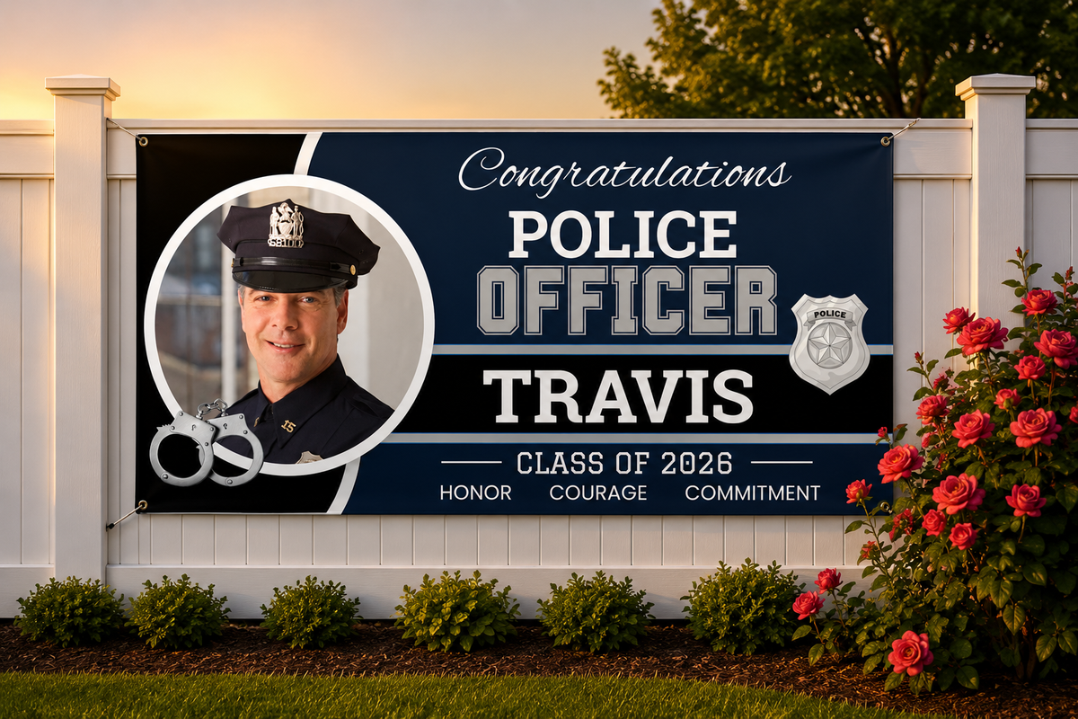 A personalized police officer graduation banner displayed on a white fence in a landscaped yard. The banner features a dark navy blue background with white and silver text reading 'Congratulations POLICE OFFICER TRAVIS CLASS OF 2026' and 'HONOR COURAGE COMMITMENT'.