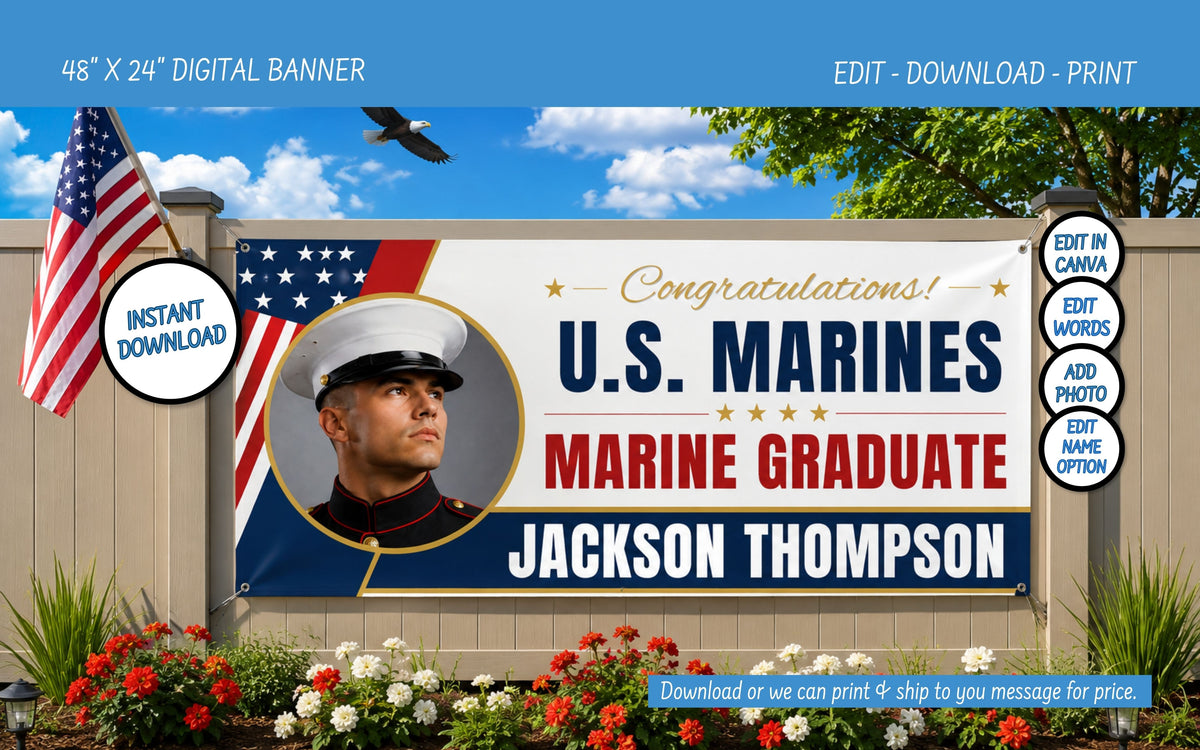 U.S. Marine graduation banner template with a military-themed design