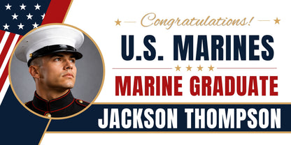 U.S. Marine graduation banner template with a military-themed design