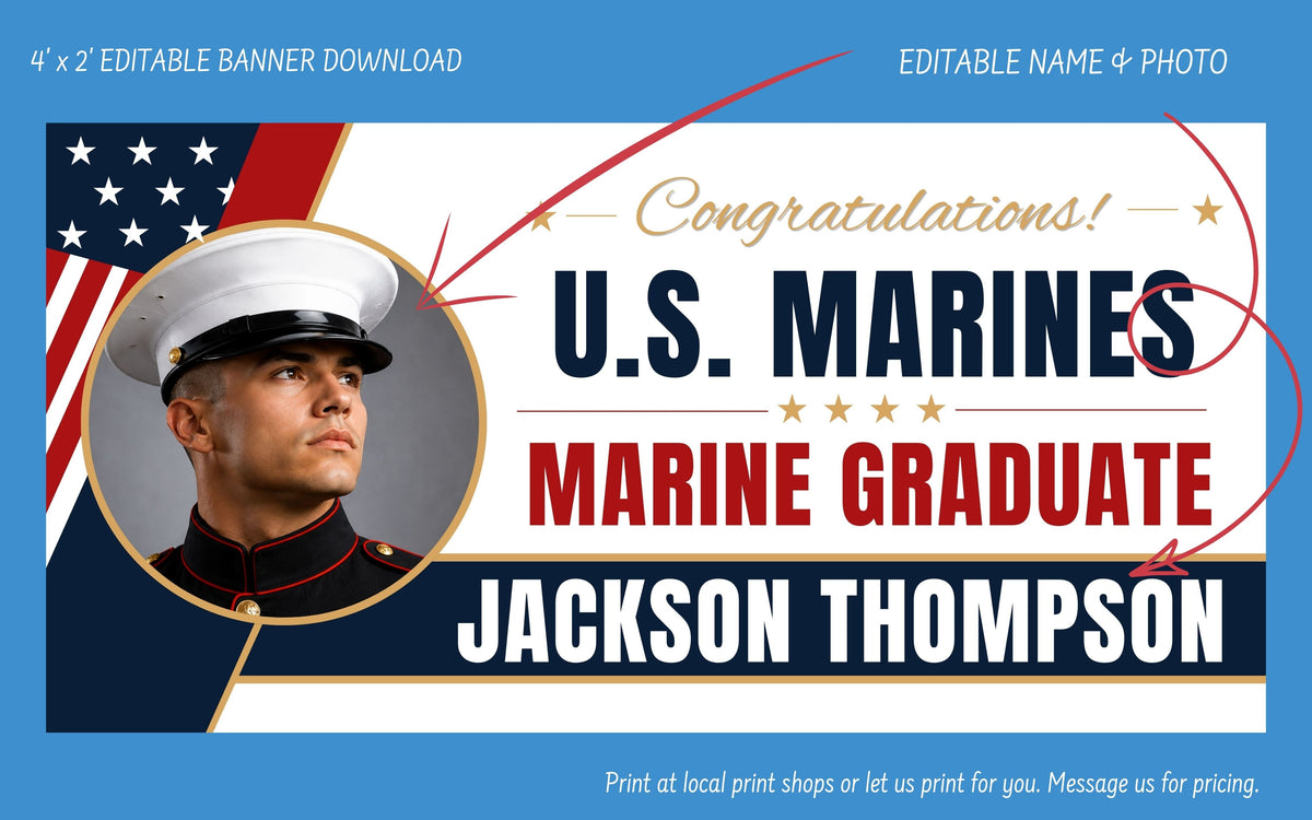 U.S. Marine graduation banner template with a military-themed design