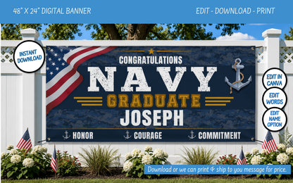U.S. Navy graduation banner template with a navy-themed design