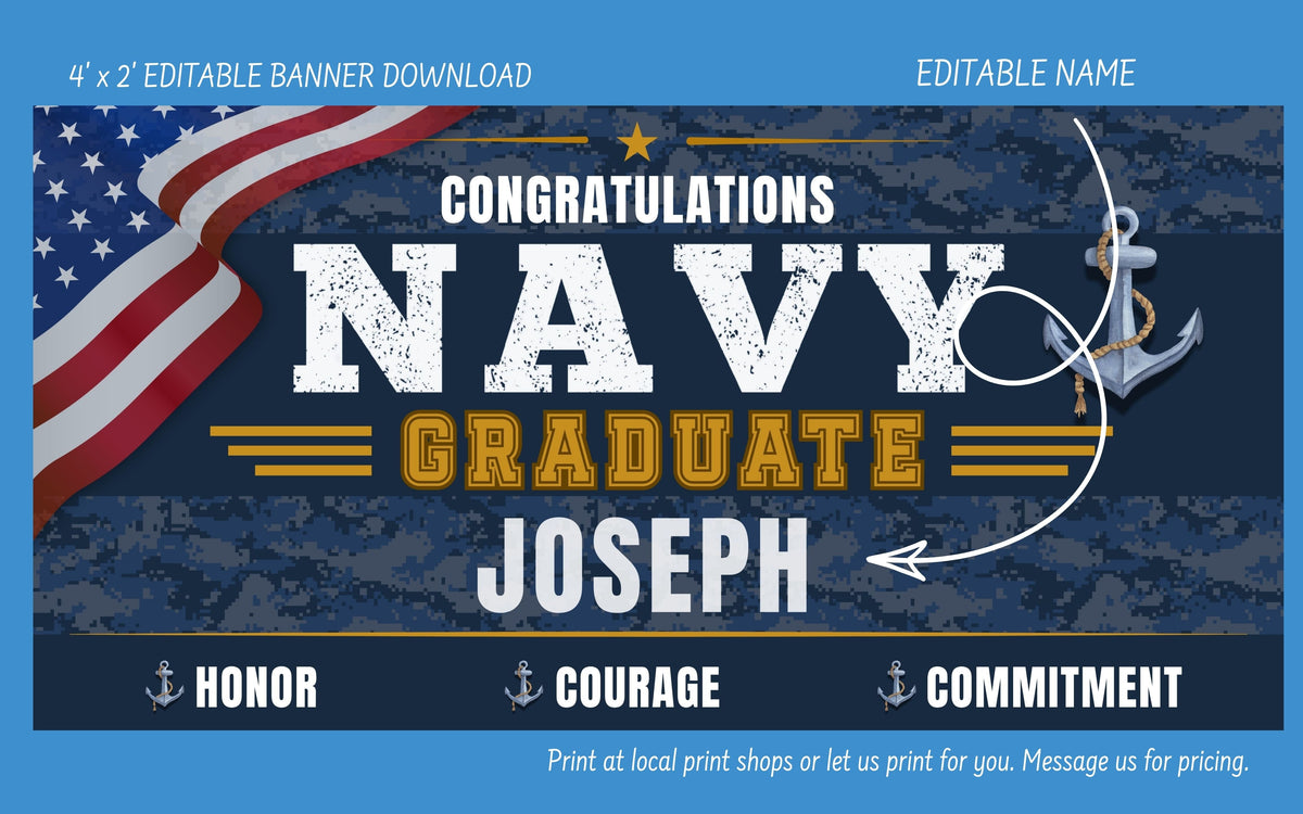 U.S. Navy graduation banner template with a navy-themed design