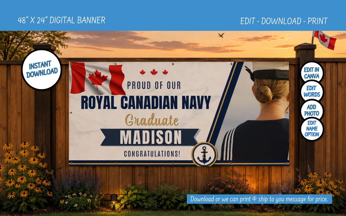 A customizable digital banner mockup for Royal Canadian Navy graduation, shown hanging on a wooden fence outdoors at sunset. The banner features Canadian flags, the text 'Proud of our Royal Canadian Navy Graduate Madison Congratulations!', a navy emblem, and an illustration of a person from behind.