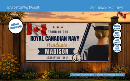 A customizable digital banner mockup for Royal Canadian Navy graduation, shown hanging on a wooden fence outdoors at sunset. The banner features Canadian flags, the text 'Proud of our Royal Canadian Navy Graduate Madison Congratulations!', a navy emblem, and an illustration of a person from behind.