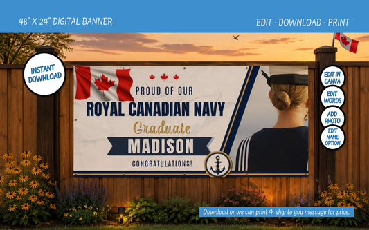 A customizable digital banner mockup for Royal Canadian Navy graduation, shown hanging on a wooden fence outdoors at sunset. The banner features Canadian flags, the text 'Proud of our Royal Canadian Navy Graduate Madison Congratulations!', a navy emblem, and an illustration of a person from behind.