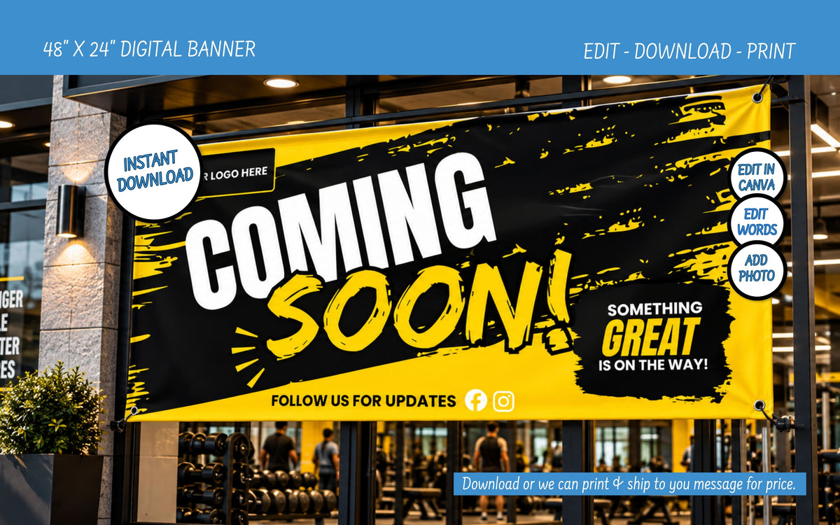 A large digital banner mockup displayed on a storefront window. The banner has a black and yellow paint-splatter design with the text 'COMING SOON!' in bold white and yellow lettering.