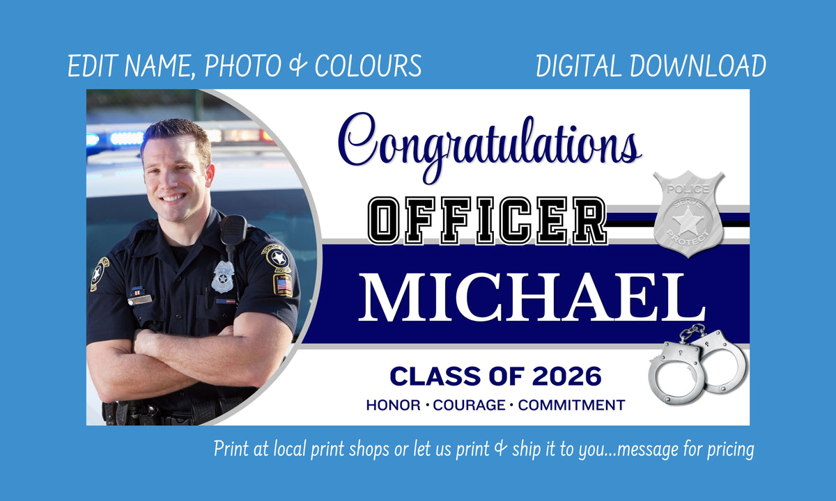 A digital download certificate template for a police officer graduation, featuring a photo of a smiling male officer in uniform on the left, with text reading 'Congratulations Officer Michael Class of 2026' on a white and dark blue layout over a bright blue background.