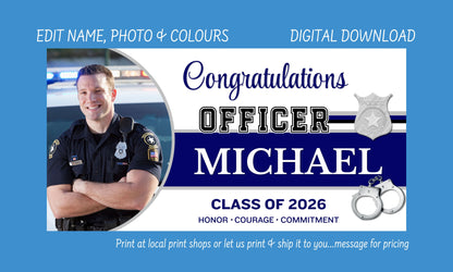 A digital download certificate template for a police officer graduation, featuring a photo of a smiling male officer in uniform on the left, with text reading 'Congratulations Officer Michael Class of 2026' on a white and dark blue layout over a bright blue background.