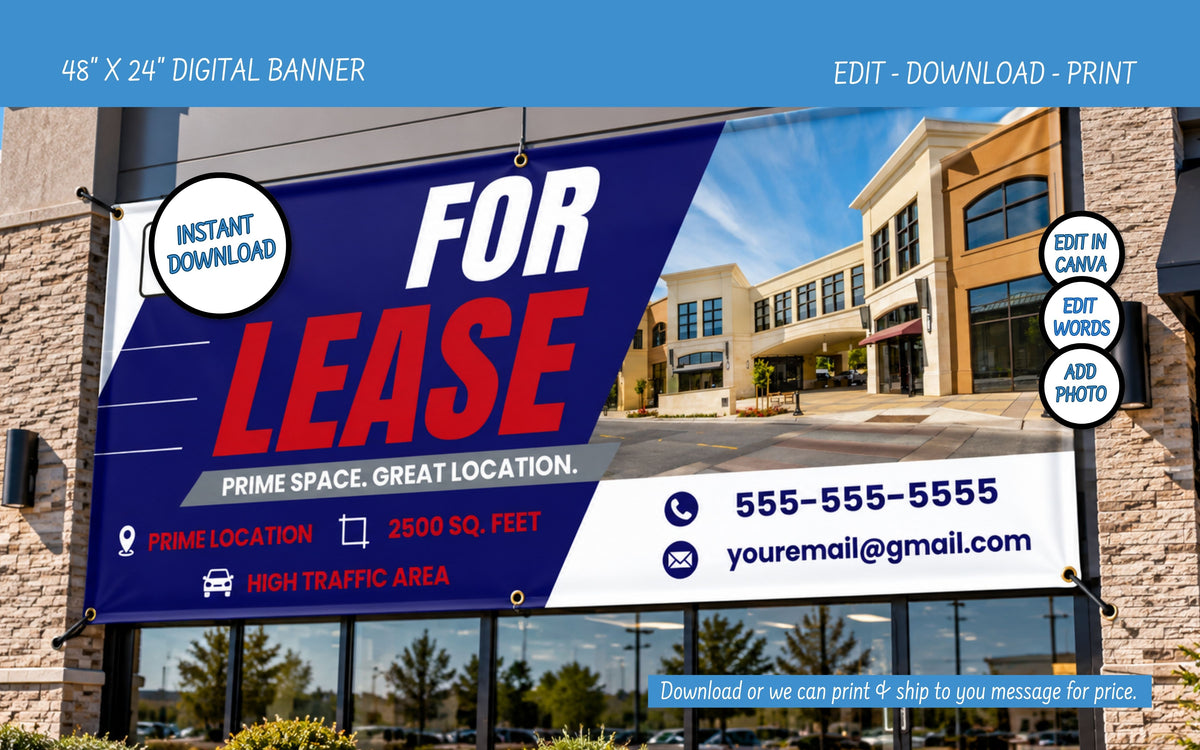 A digital real estate 'For Lease' banner mockup displayed on a storefront window. The banner features a bold blue and white background with large red text reading 'LEASE'.