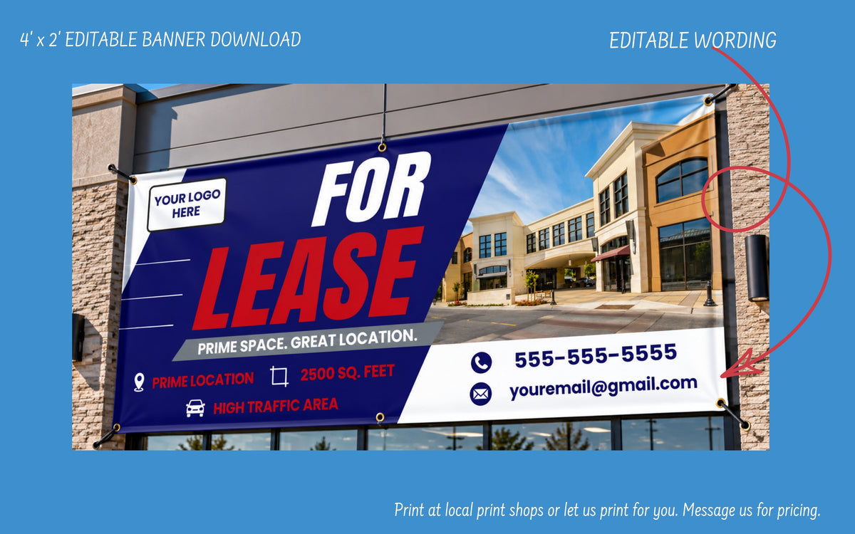 A promotional banner mockup for a real estate 'For Lease' sign, shown mounted outdoors against a blue graphic background with text overlays indicating it is a 4' x 2' editable banner download.