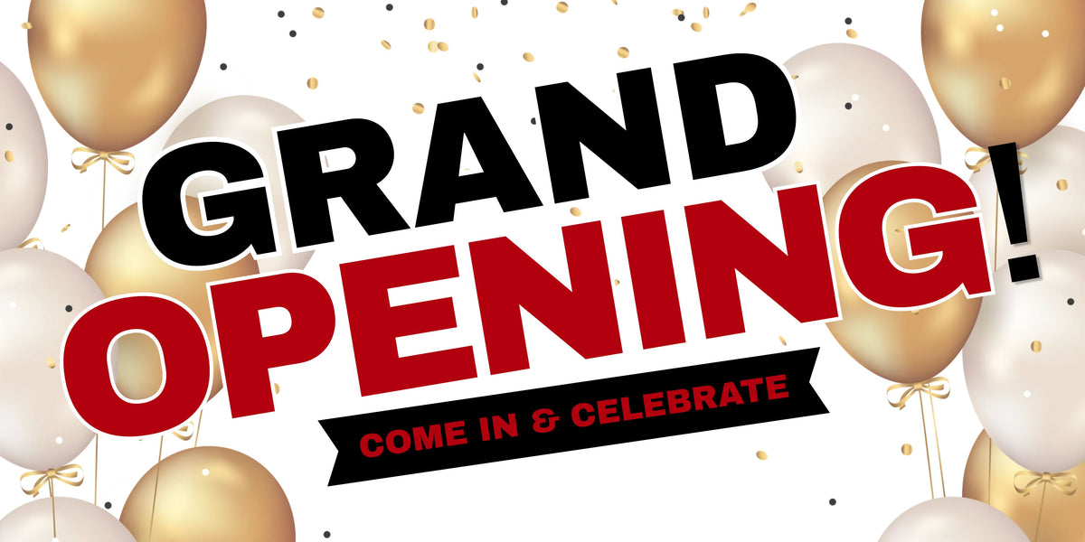 Promotional graphic with the words 'GRAND OPENING!' in large black and red lettering, plus 'COME IN & CELEBRATE' on a black banner. The design is decorated with gold and white balloons and scattered gold confetti on a white background.