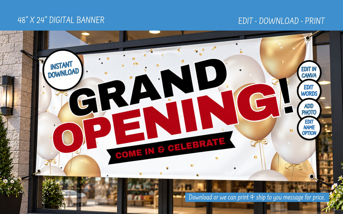 A promotional digital banner mockup displayed on a storefront window. The banner features a white background with gold and white balloons, gold confetti, and bold text reading 'GRAND OPENING!' with 'COME IN & CELEBRATE' below.