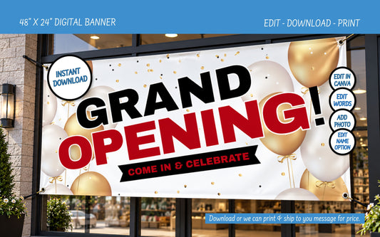 A promotional digital banner mockup displayed on a storefront window. The banner features a white background with gold and white balloons, gold confetti, and bold text reading 'GRAND OPENING!' with 'COME IN & CELEBRATE' below.