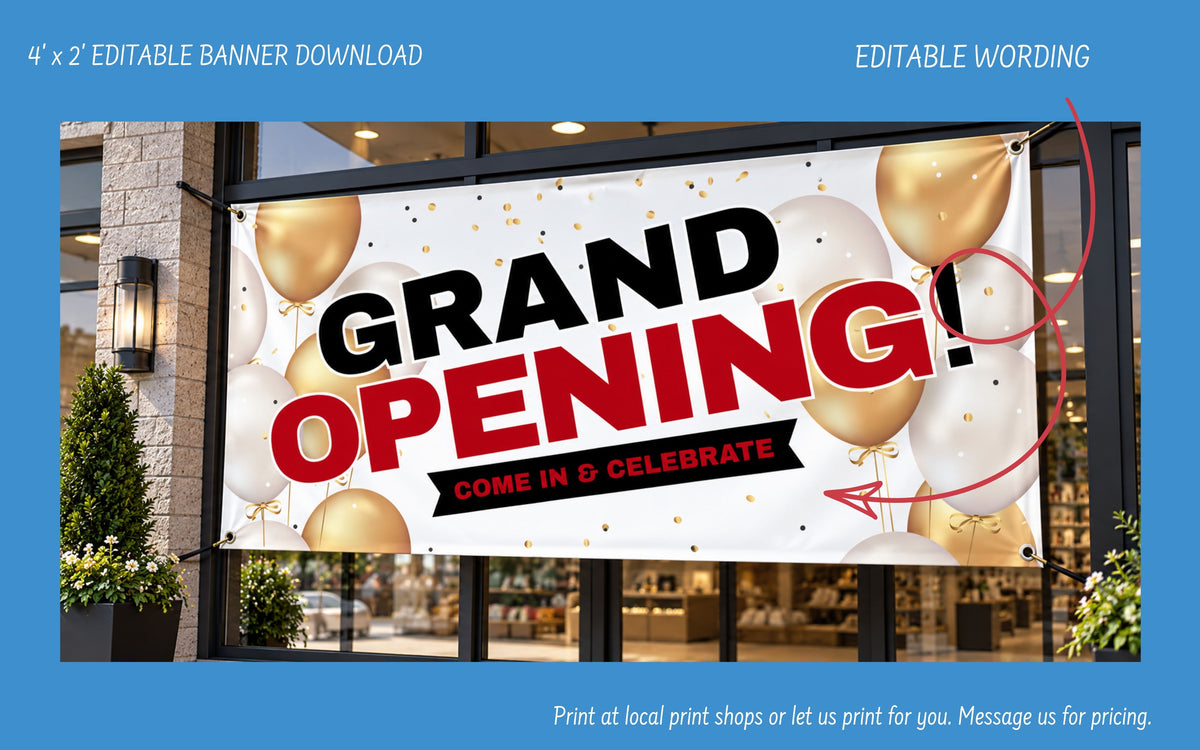 A promotional banner mockup hanging on a storefront window. The banner is white with gold and white balloons, gold confetti, and bold text reading 'GRAND OPENING!' and 'COME IN & CELEBRATE.