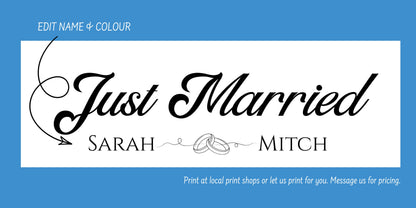 Custom 'Just Married' nameplate design preview with black script text reading 'Just Married' and the names 'Sarah' and 'Mitch', plus interlocking ring icons, on a white rectangular panel over a blue background. Small text says 'EDIT NAME & COLOUR' and 'Print at local print shop or let us print for you.