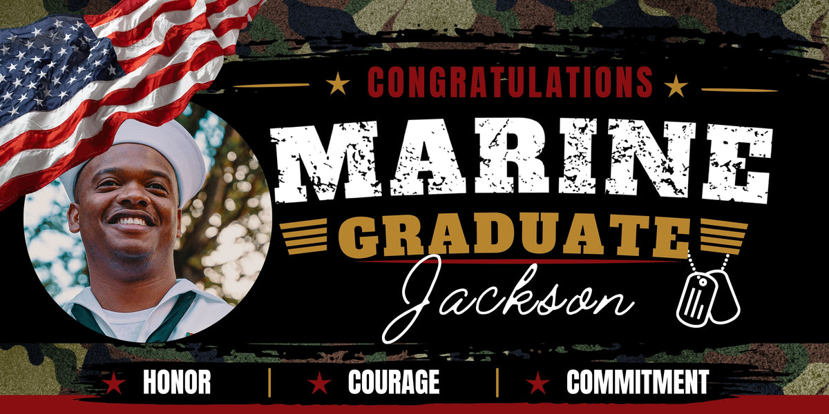 A customized graduation banner design for a Marine Graduate, featuring a photo of a smiling young man in a white sailor hat inside a circular frame, an American flag, and bold text reading 'CONGRATULATIONS MARINE GRADUATE Jackson' with 'HONOR', 'COURAGE', and 'COMMITMENT' at the bottom.