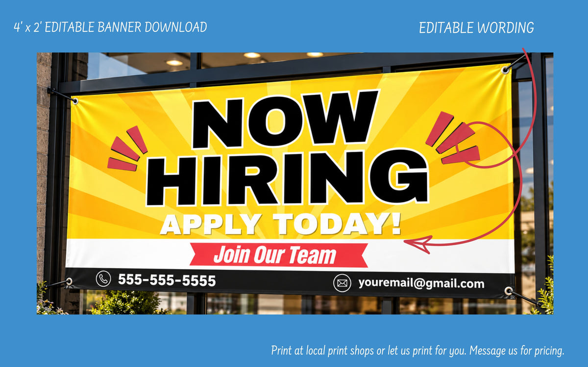 A bright yellow and white 'NOW HIRING APPLY TODAY! Join Our Team' banner displayed on a black metal frame, with blue informational text overlays around it.