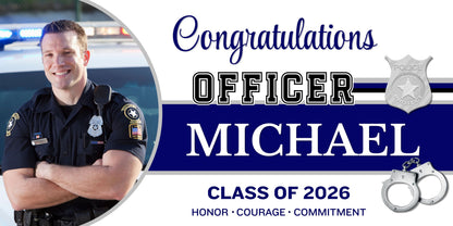 A digital congratulations banner for a police officer. On the left is a circular photo of a smiling male police officer in uniform with arms crossed, with a blurred police car in the background.