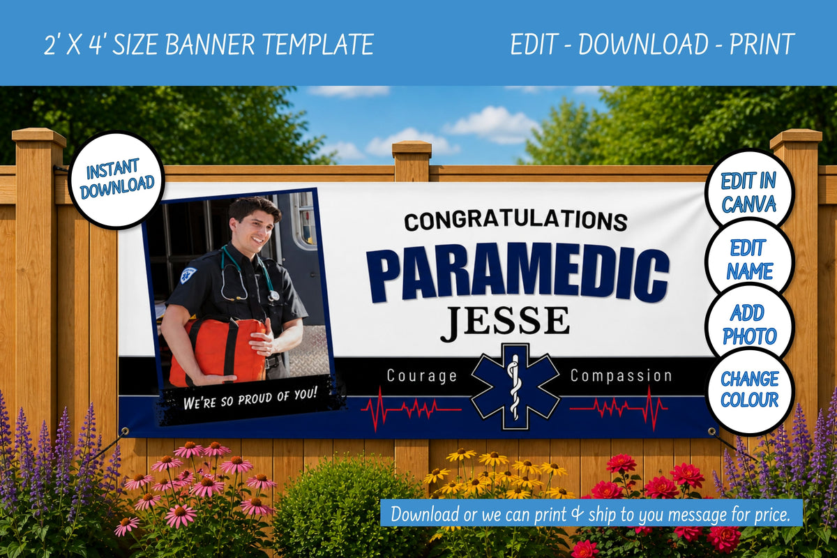 A customizable paramedic banner template displayed on a wooden fence with a garden background. The banner features a white center with blue text reading 'CONGRATULATIONS PARAMEDIC JESSE' and a blue EMS star logo, alongside a photo placeholder of a paramedic.
