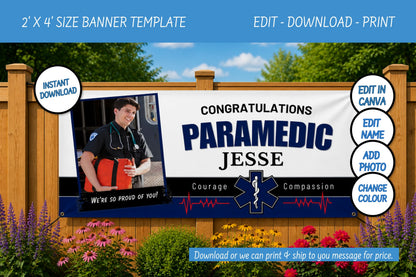 A customizable paramedic banner template displayed on a wooden fence with a garden background. The banner features a white center with blue text reading 'CONGRATULATIONS PARAMEDIC JESSE' and a blue EMS star logo, alongside a photo placeholder of a paramedic.