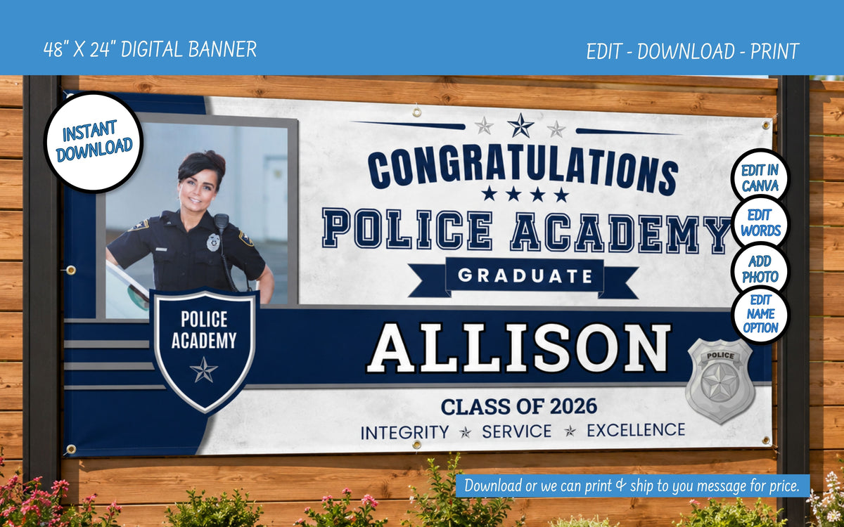 A digital mockup of a customizable police academy graduation banner displayed on a wooden wall. The banner features a white and navy blue design with the text 'CONGRATULATIONS POLICE ACADEMY GRADUATE', the name 'ALLISON', and 'CLASS OF 2026'.