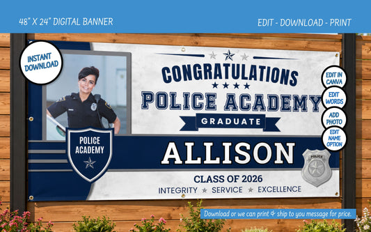 A digital mockup of a customizable police academy graduation banner displayed on a wooden wall. The banner features a white and navy blue design with the text 'CONGRATULATIONS POLICE ACADEMY GRADUATE', the name 'ALLISON', and 'CLASS OF 2026'.