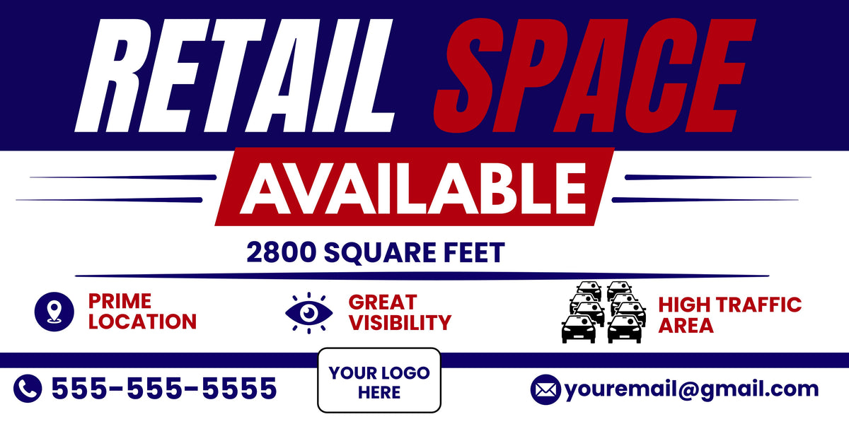 A digital real estate advertisement banner for retail space. The top features 'RETAIL SPACE' in bold white and red text on a dark blue background.