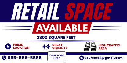 A digital real estate advertisement banner for retail space. The top features 'RETAIL SPACE' in bold white and red text on a dark blue background.