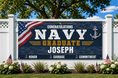 U.S. Navy graduation banner template with a navy-themed design