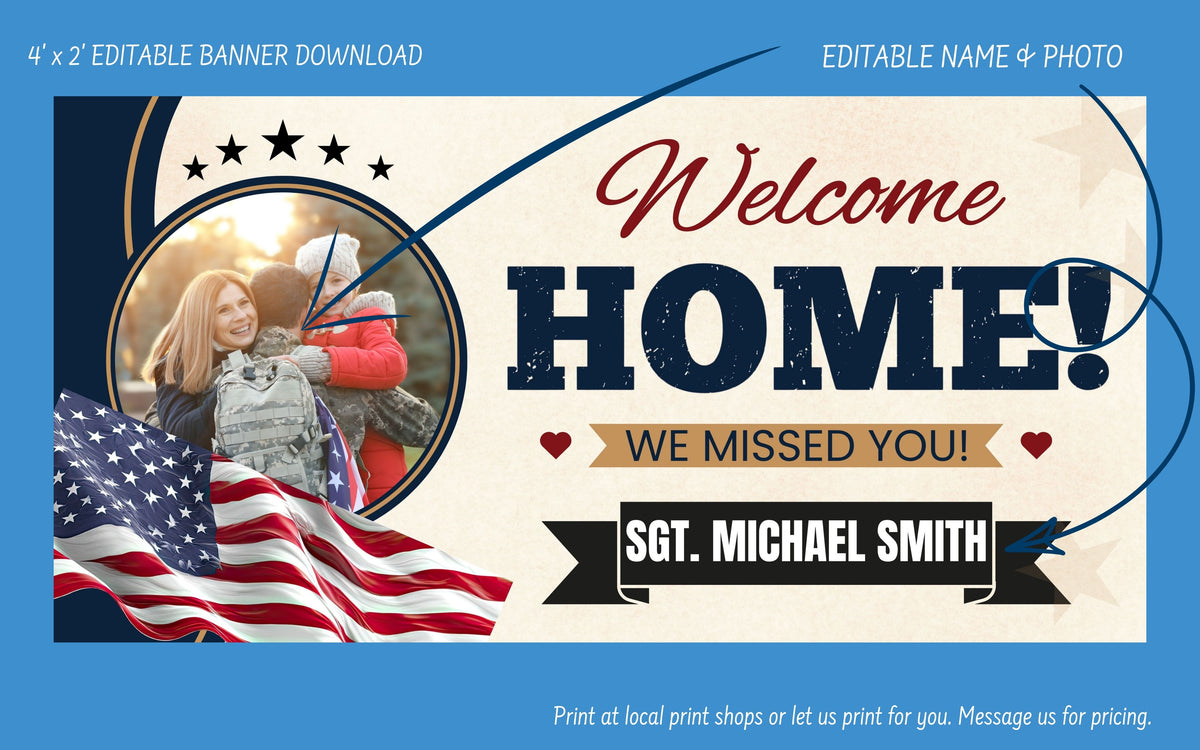 A patriotic welcome home banner template with a blue border, a central cream panel, large 'HOME' text, 'Welcome Home!' script text, a photo circle, an American flag graphic, and customizable text for 'Sgt. Michael Smith'.