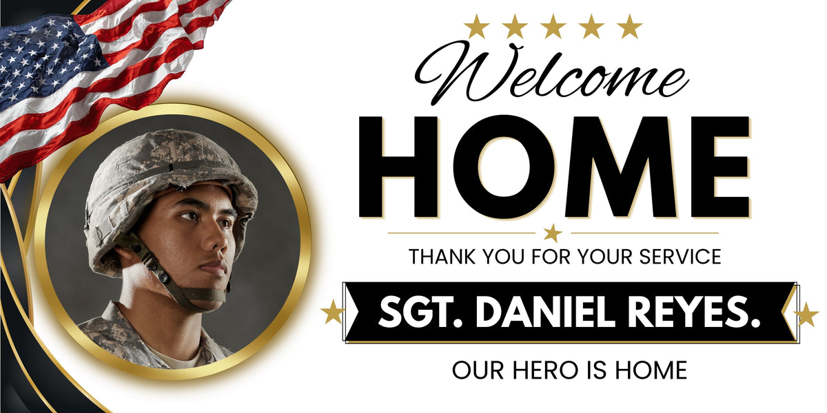 A patriotic welcome home graphic for Sgt. Daniel Reyes.