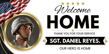 A patriotic welcome home graphic for Sgt. Daniel Reyes.