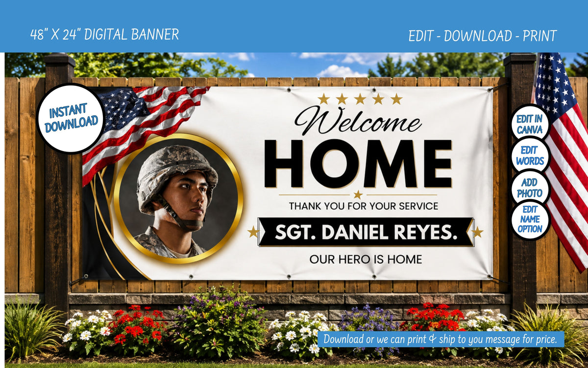 A patriotic welcome home digital banner template displayed on a wooden fence with American flags and flowers. The banner features a portrait of a soldier, the text 'Welcome HOME', 'THANK YOU FOR SERVICE', 'SGT.