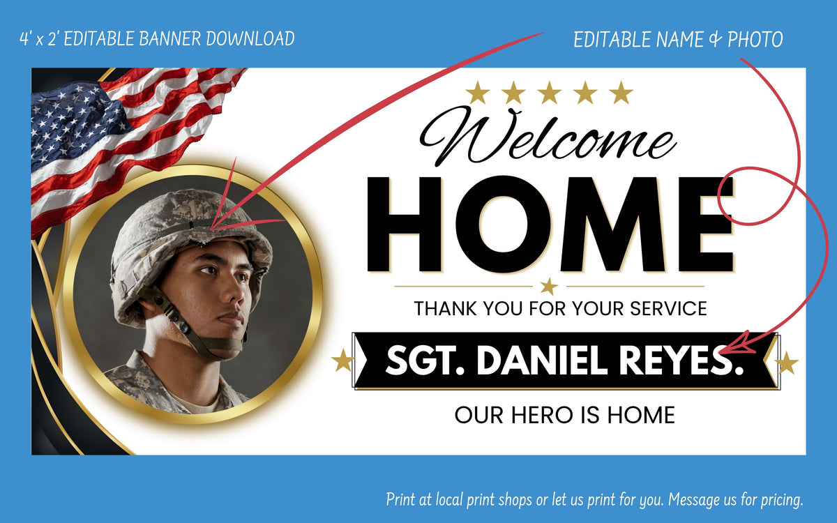 A patriotic welcome home banner template with a blue border, a portrait of a soldier in a helmet inside a gold circle, an American flag, and large black text reading 'Welcome HOME' with customizable text fields. The design includes red arrow graphics and text noting a 4' x 2' editable banner download.