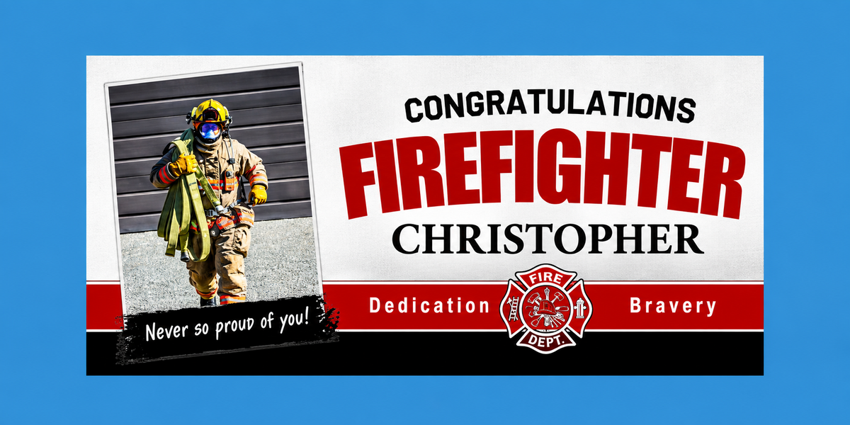 A personalized firefighter dedication sign or print featuring the text 'CONGRATULATIONS FIREFIGHTER CHRISTOPHER' with a photo of a firefighter in turnout gear on the left, a red Maltese cross emblem, and the words 'Dedication' and 'Bravery' on a white background with a blue border.