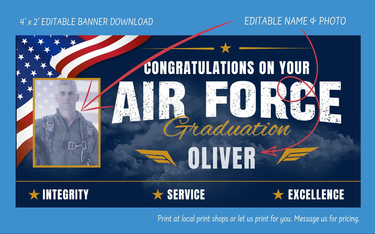 A digital preview of a customizable Air Force graduation banner template. The banner features a dark blue background with a cloudy sky, a distressed American flag on the left, and bold white text reading 'CONGRATULATIONS ON YOUR AIR FORCE Graduation OLIVER'.