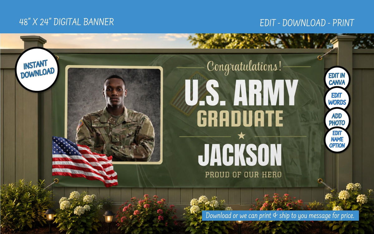 U.S. Army green graduation banner template with a military-themed design