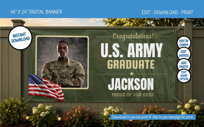 U.S. Army green graduation banner template with a military-themed design