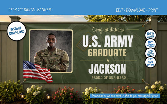 U.S. Army green graduation banner template with a military-themed design